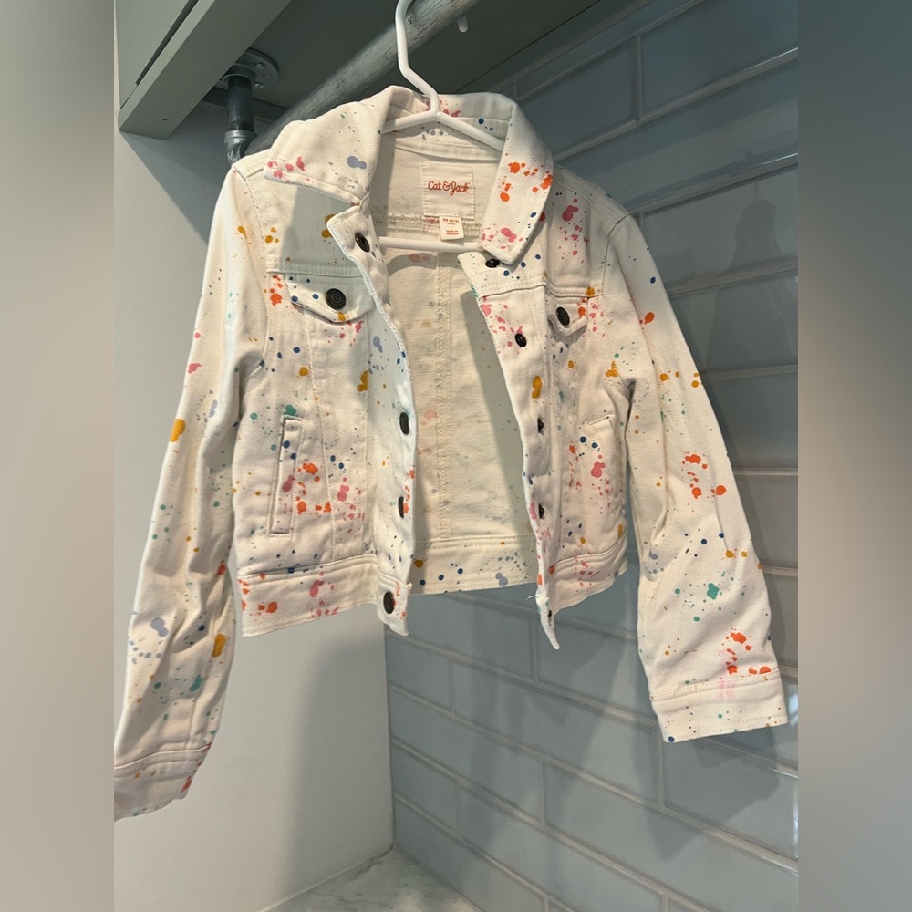 Cat & Jack White Denim Jacket with Multicolor Paint-Splatter
